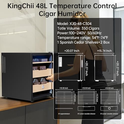KingChii 16L Electric Cigar Humidor Cabinet with Temperature Control and Spanish Cedar Shelves H300