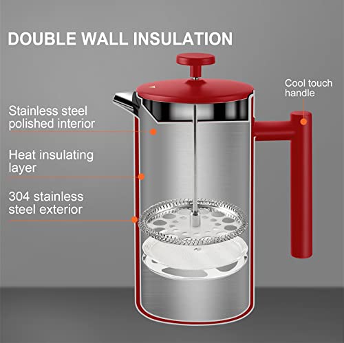 Secura French Press Coffee Maker, 34oz Stainless Steel Insulated, Silver W447