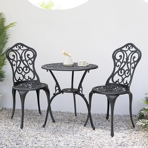 NUU GARDEN 3 Piece Cast Aluminum Bistro Set with Umbrella Hole, Black N80118