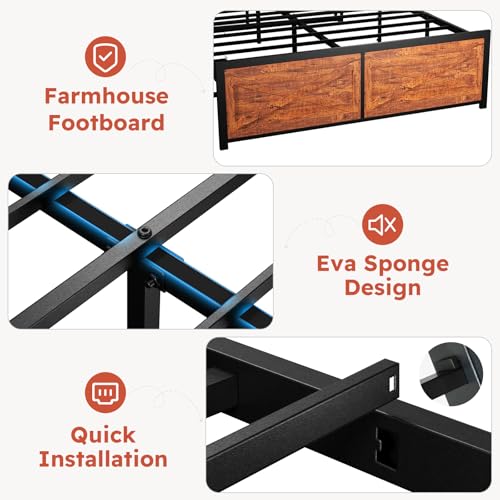 Full Size Bed Frame with Headboard, LED Lights, 4 Storage Drawers, Charging Station, Black C93321