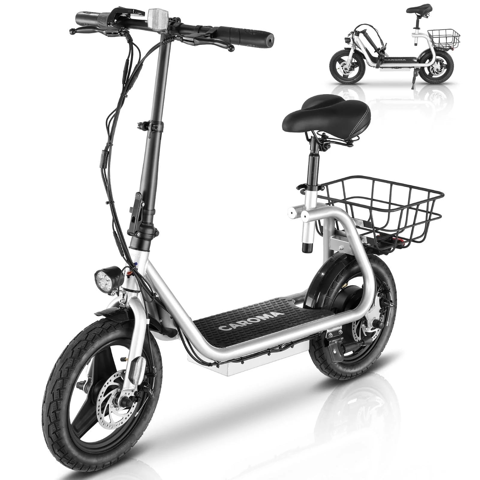 Caroma 500W Electric Scooter with Seat for Adult, 14 inch Commuter Electric Scooter with Dual Shock Absorbers and Basket - Up to 25 Miles 20 MPH, Silver