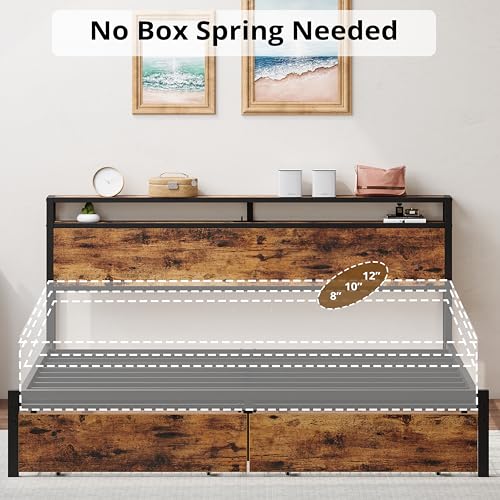 LIKIMIO King Bed Frame with Storage Headboard and Charging Station, Vintage Brown X317