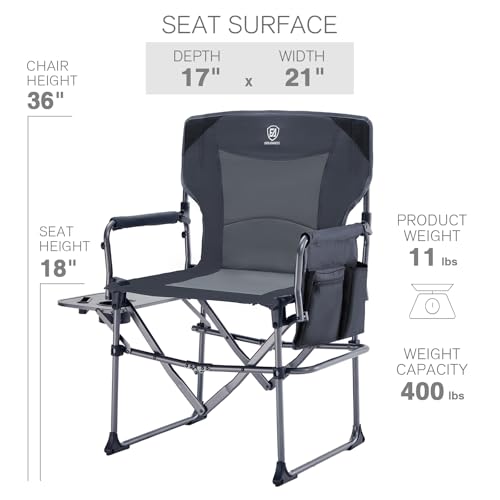 EVER ADVANCED Camping Directors Chair with Side Table, Portable Folding, Heavy Duty, Black T488