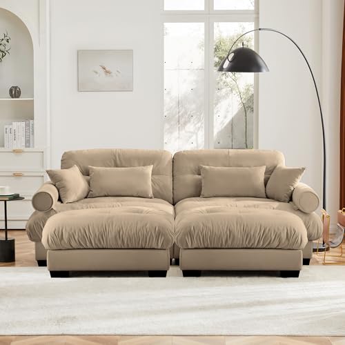 130" Modular Sectional Sofa with Movable Ottoman, Velvet Upholstered, Green Y4976