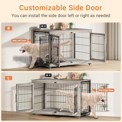 Lulive Dog Crate Furniture for Medium Dogs, 32" Wooden Kennel with Cushion & Wheels, Grey D230281