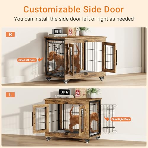Lulive Dog Crate Furniture for Medium Dogs, 32" Wooden Kennel with Cushion & Wheels, Grey D230281