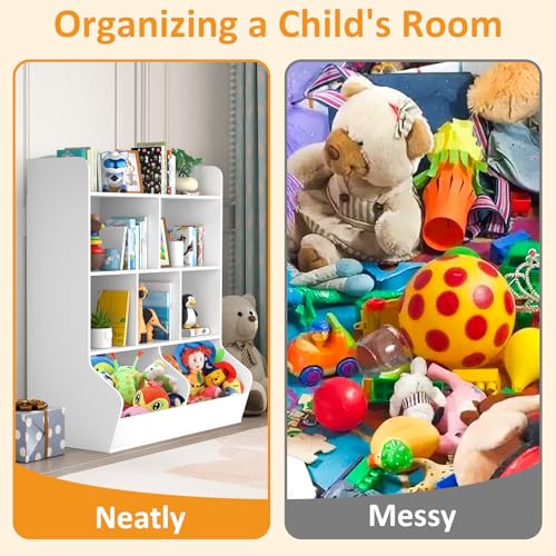 4 Tier Kids Bookshelf and Toy Storage Organizer with 8 Wooden Cabinets, White O66925