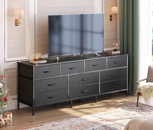 Huuger 63 Inch Dresser with 10 Fabric Drawers, Rustic Brown M836