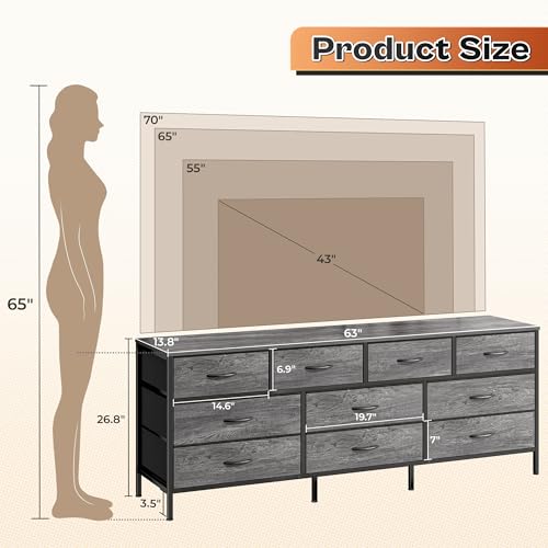 Huuger 63 Inch Dresser with 10 Fabric Drawers, Rustic Brown M836