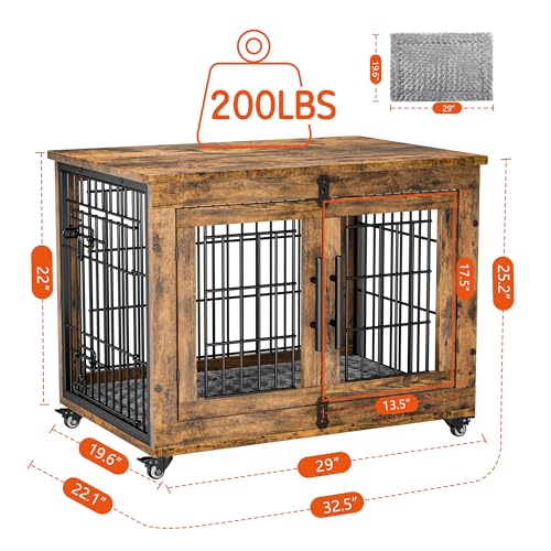 Lulive Dog Crate Furniture for Medium Dogs, 32" Wooden Kennel with Cushion & Wheels, Grey D230281