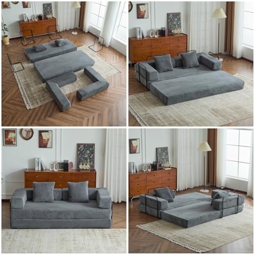 Corduroy Floor Sofa Bed with Backrest, Armrest and 2 Pillows, Dark Gray L776530