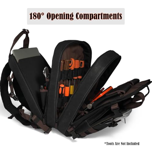 WELKINLAND 90-Pocket Electrician Backpack, Black Wax-Canvas Tool Bag, 28L V29684