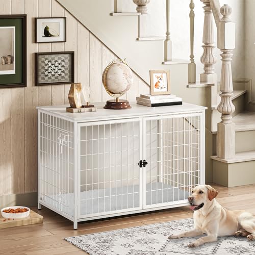 Wooden Dog Crate Furniture with Cushion, Double Doors, Greige X29262