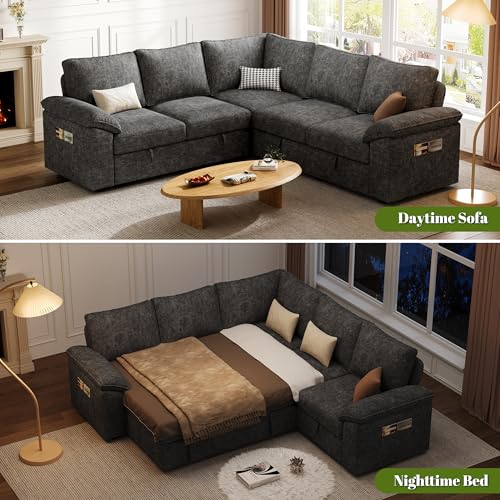 108 Inch U-Shaped Sectional Sleeper Sofa with Pull Out Bed, Dark Grey J60928