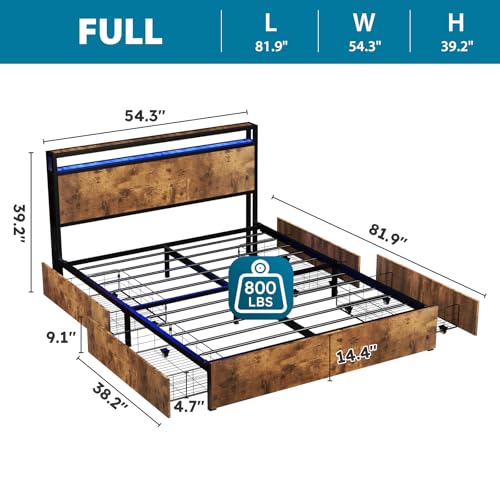 Queen Size Bed Frame with 4 Storage Drawers, LED, Charging Station, Gray L1115