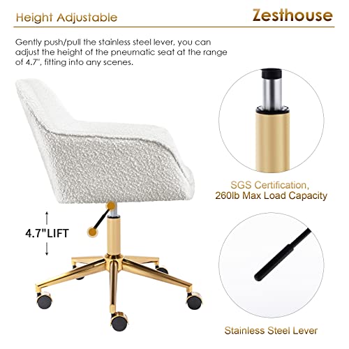 Zesthouse Modern Desk Chair with Wheels, White Swivel Vanity Chair, Boucle Upholstered, Height Adjustable I294