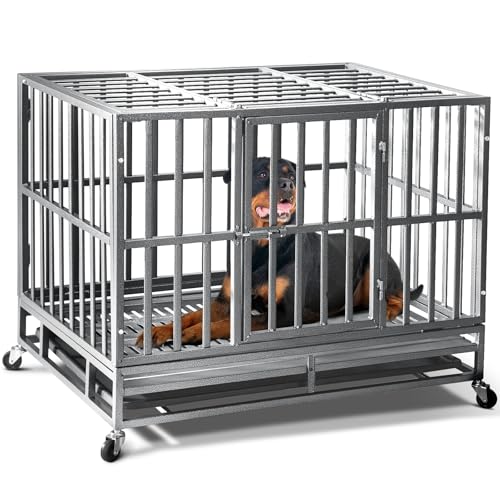 Oranland 48 inch Heavy Duty Dog Crate for Large Dogs, Double Door with Wheels J273901