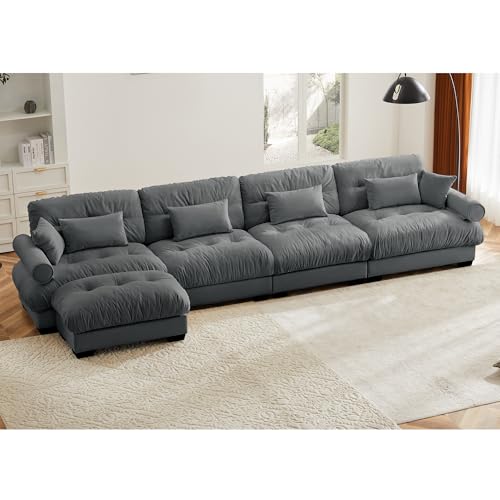 130" Modular Sectional Sofa with Movable Ottoman, Velvet Upholstered, Green Y4976