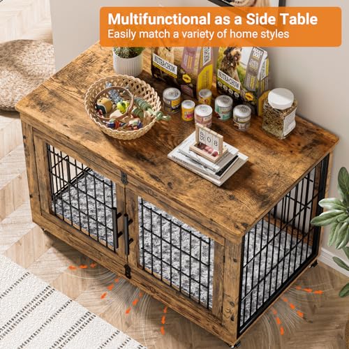 Lulive Dog Crate Furniture for Medium Dogs, 32" Wooden Kennel with Cushion & Wheels, Grey D230281