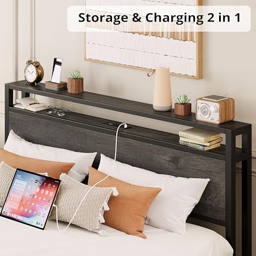 LIKIMIO King Bed Frame with Storage Headboard and Charging Station, Vintage Brown X317