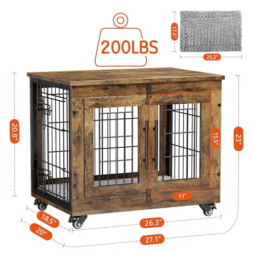 Lulive Dog Crate Furniture for Medium Dogs, 32" Wooden Kennel with Cushion & Wheels, Grey D230281