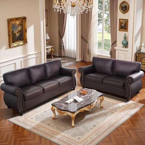 Mid-Century 3-Seater Sofa with Rivet Design, Removable Cover and Solid Wood Frame I150