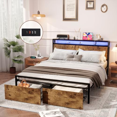 Queen Size Bed Frame with 4 Storage Drawers, LED, Charging Station, Gray L1115