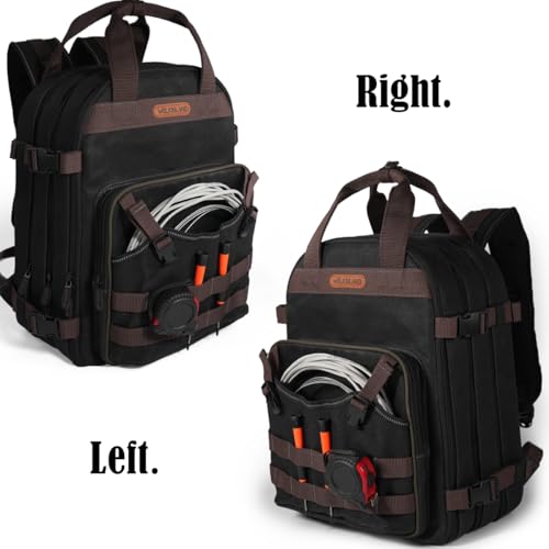 WELKINLAND 90-Pocket Electrician Backpack, Black Wax-Canvas Tool Bag, 28L V29684