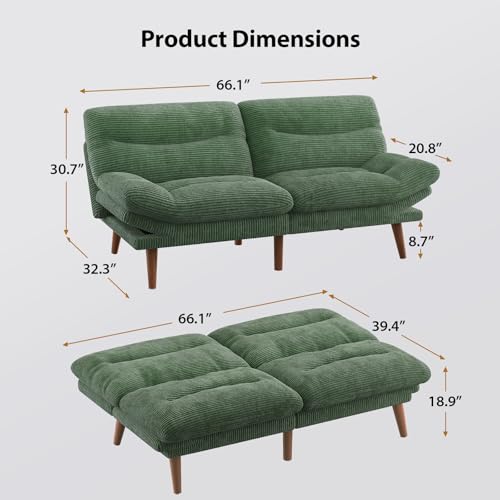 Pipishell Convertible Futon Sofa Bed, 66" Corduroy, Grey L81220