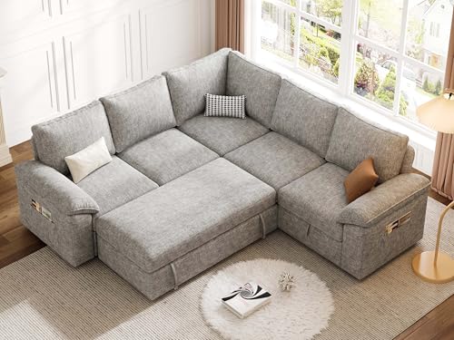108 Inch U-Shaped Sectional Sleeper Sofa with Pull Out Bed, Dark Grey J60928