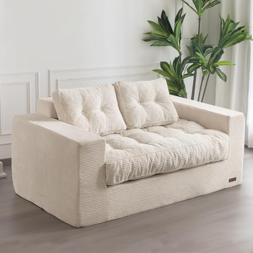 MAXYOYO 3 Seater Boneless Floor Sofa with Tufted Cushion, Beige A96326