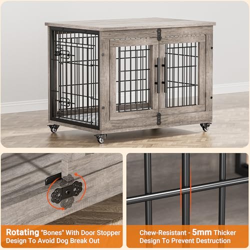 Lulive Dog Crate Furniture for Medium Dogs, 32" Wooden Kennel with Cushion & Wheels, Grey D230281
