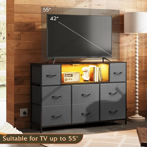 WLIVE Dresser for Bedroom with Charging Station and LED Lights, 8 Drawer R754