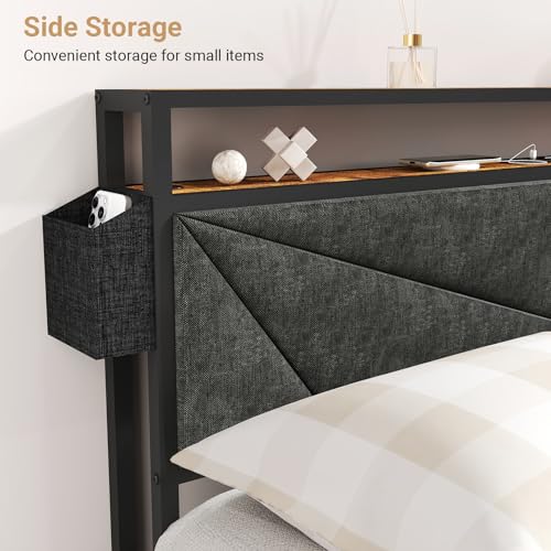 Full Size Bed Frame with Headboard, LED Lights, 4 Storage Drawers, Charging Station, Black C93321