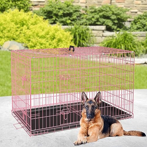 BestPet 42 Inch Folding Metal Wire Dog Crate with Double-Door and Removable Tray O49217