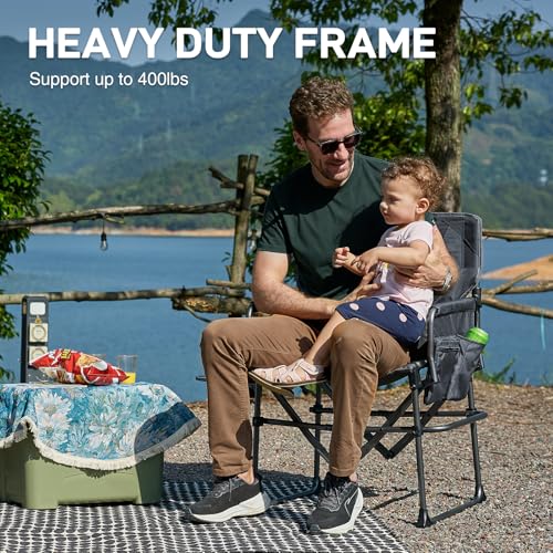 EVER ADVANCED Camping Directors Chair with Side Table, Portable Folding, Heavy Duty, Black T488