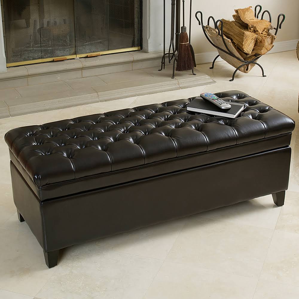 Noble House Hastings Espresso Tufted Storage Ottoman Brown I602