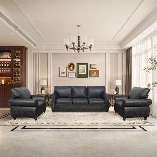Mid-Century 3-Seater Sofa with Rivet Design, Removable Cover and Solid Wood Frame I150