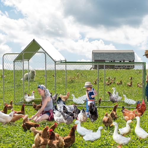 Large Metal Chicken Coop with Waterproof Cover, Walk-in Pen for Yard and Farm X107761