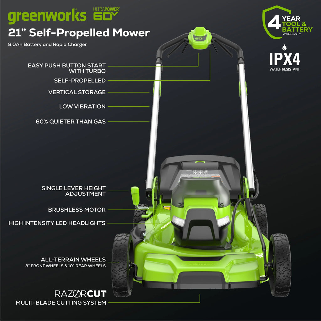 Greenworks 60V 21" Self Propelled Lawn Mower with 8.0 Ah Battery & Charger U974342