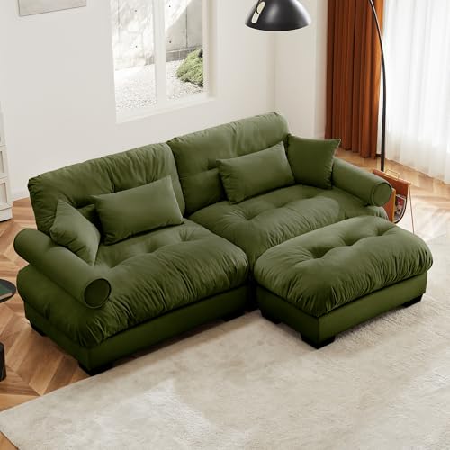 130" Modular Sectional Sofa with Movable Ottoman, Velvet Upholstered, Green Y4976