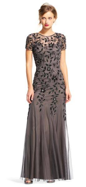 Adrianna Papell Floral-Beaded Gown Rose Gold F674