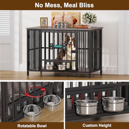 Easycom 41" Foldable Dog Crate Furniture with Adjustable Bowls, Rustic Brown M74490