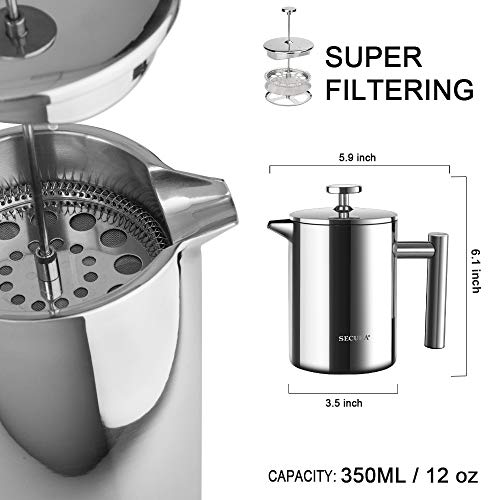 Secura French Press Coffee Maker, 34oz Stainless Steel Insulated, Silver W447
