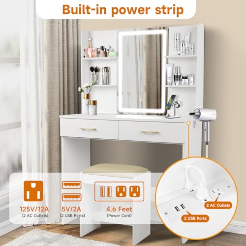 White Vanity Set with Lighted Mirror, Drawers and Stool V52922