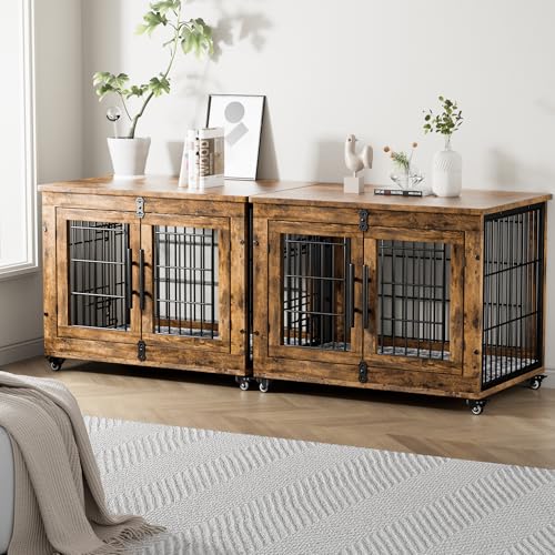 Lulive Dog Crate Furniture for Medium Dogs, 32" Wooden Kennel with Cushion & Wheels, Grey D230281