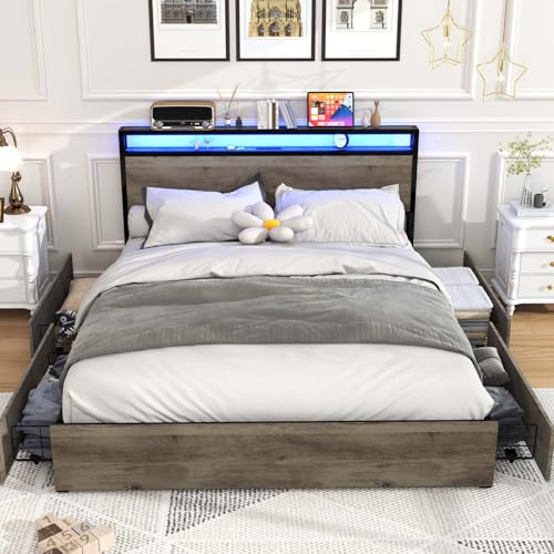 Full Size Bed Frame with Headboard, LED Lights, 4 Storage Drawers, Charging Station, Black C93321