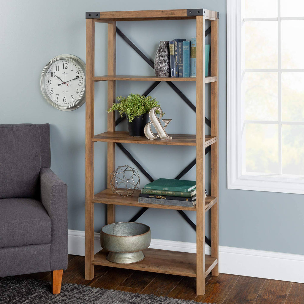 Walker Edison 64x22 Farmhouse Metal Bookcase Rustic Oak Z58533