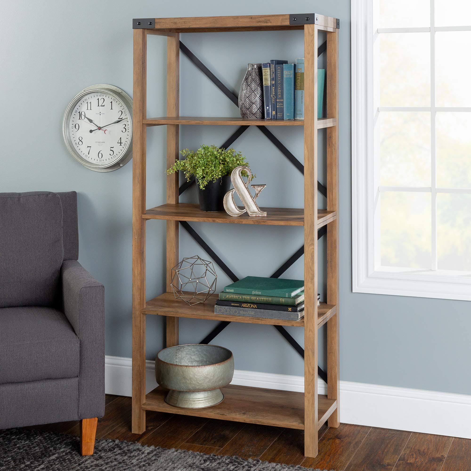 Walker Edison 64x22 Farmhouse Metal Bookcase Rustic Oak Z58533