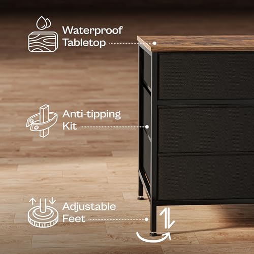 Huuger 63 Inch Dresser with 10 Fabric Drawers, Rustic Brown M836